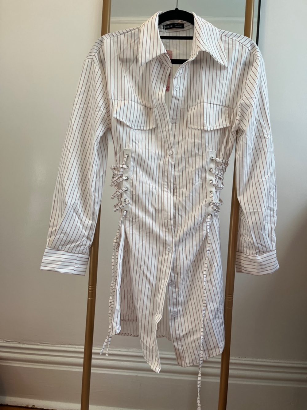SHEIN White Pinstripe Long Sleeve Mini Shirt Dress